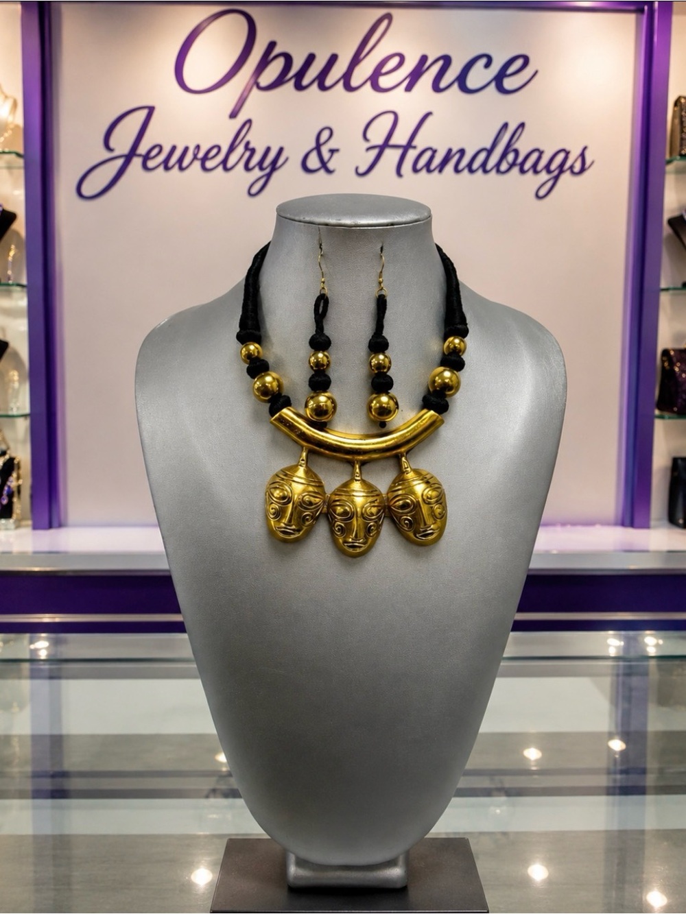 African Inspired Gold-Tone Tribal Mask Necklace & Earring Set - Black Cord